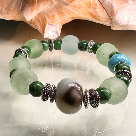 GAMBLER AMAZONITE + SEA GLASS STONES NATURAL BRACELET size 7” - Picture 9 of 15